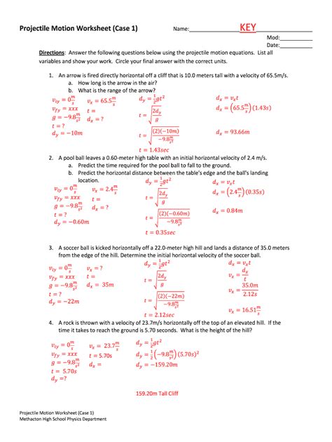 projectile motion word problems worksheet with answers